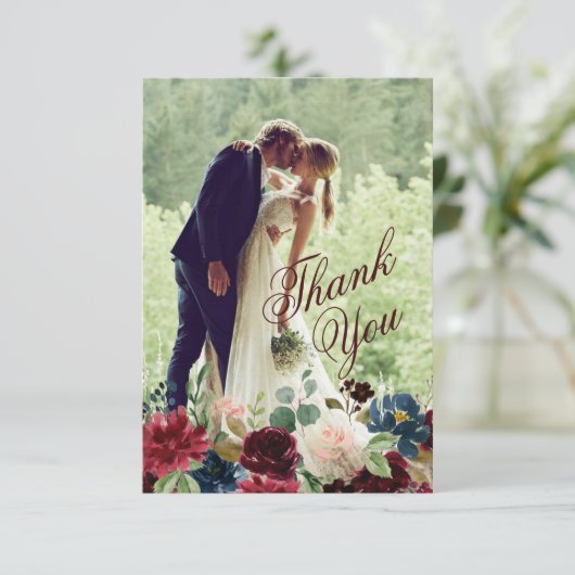 Burgundy & Blue English Flowers Weddenschap Bedank (Staand voorkant)