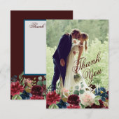 Burgundy & Blue English Flowers Weddenschap Bedank (Voorkant / Achterkant)