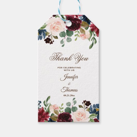 Burgundy & Blue English Flowers Wedding Cadeaulabel (Voorkant)