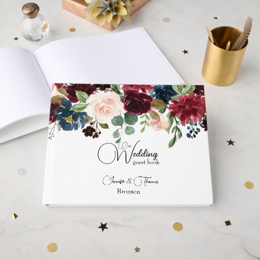 Burgundy & Blue English Flowers Wedding Gastenboek (Voorkant open)