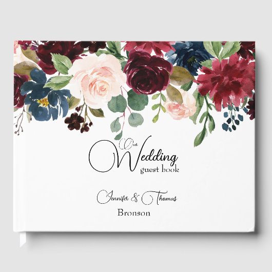 Burgundy & Blue English Flowers Wedding Gastenboek (Voorkant)