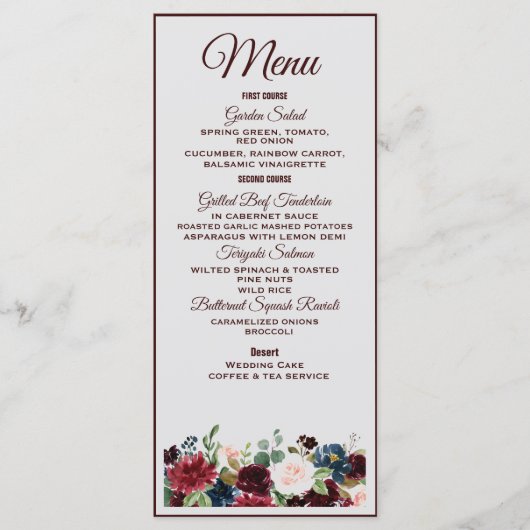 Burgundy & Blue English Flowers Wedding Menu (Voorkant)