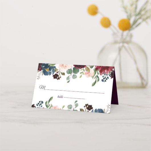 Burgundy & Blue English Flowers Wedding Plaatskaartje (Voorkant)