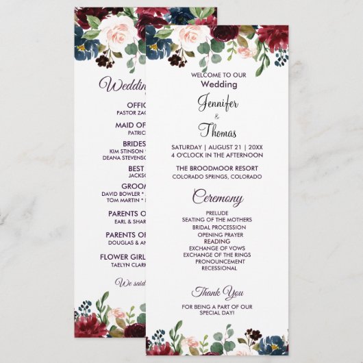 Burgundy & Blue English Flowers Wedding Programmakaart (Voorkant / Achterkant)