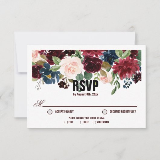 Burgundy & Blue English Flowers Wedding RSVP Kaartje (Voorkant)