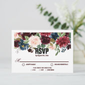 Burgundy & Blue English Flowers Wedding RSVP Kaartje (Staand voorkant)