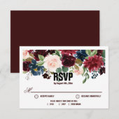 Burgundy & Blue English Flowers Wedding RSVP Kaartje (Voorkant / Achterkant)