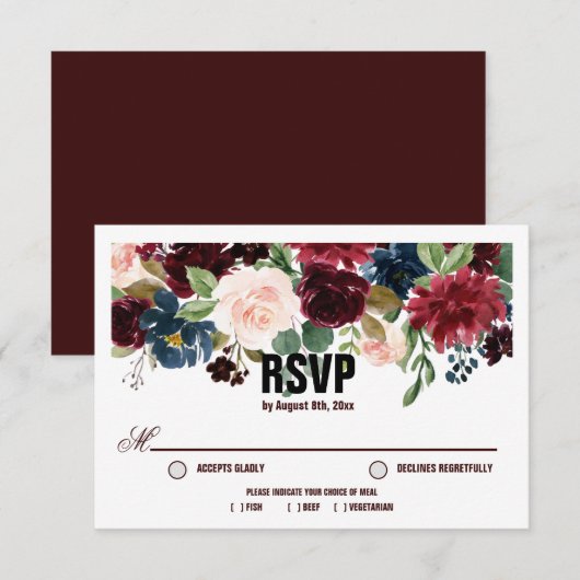 Burgundy & Blue English Flowers Wedding RSVP Kaartje (Voorkant / Achterkant)