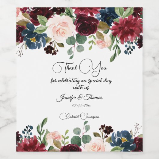 Burgundy & Blue English Flowers Wedding Wijn Etiket (Enkel label)