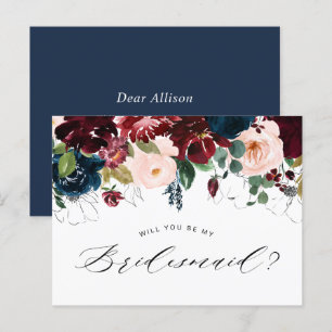 burgundy blue floral bridesmaid voorstelkaart uitnodiging briefkaart