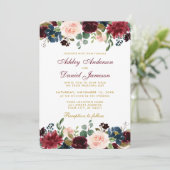Burgundy Blue Floral Elegant Wedding Gold W Kaart (Staand voorkant)