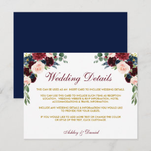 Burgundy Blue Floral Fold Wedding Details Kaart