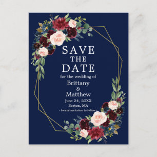 Burgundy Blue Floral Geo Lijst Save the Date Briefkaart