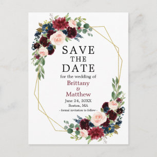 Burgundy Blue Floral Geo Lijst Save the Date Briefkaart