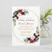 Burgundy Blue Floral Geometric Gold Wedding Kaart (Staand voorkant)