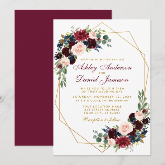 Burgundy Blue Floral Geometric Gold Wedding Kaart (Voorkant / Achterkant)