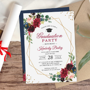 Burgundy Blue Floral Geometric Graduation Party Kaart