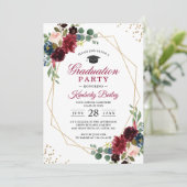 Burgundy Blue Floral Geometric Graduation Party Kaart (Staand voorkant)