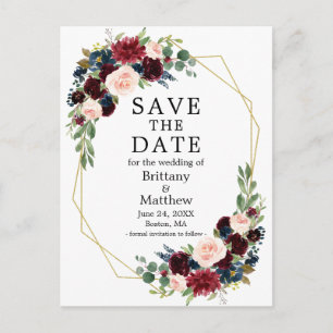Burgundy Blue Floral Gold Geo Lijst Save the Date Briefkaart