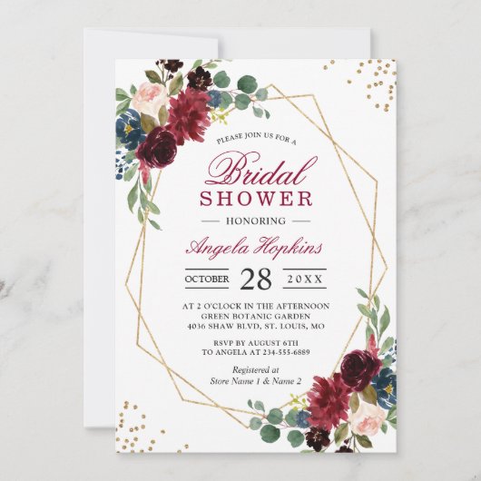 Burgundy Blue Floral Gold Geometric Vrijgezellenfe Kaart (Voorkant)