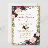 Burgundy Blue Floral Gold Glitter Wedding B Kaart (Voorkant)