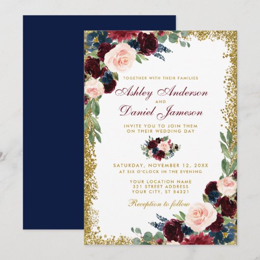 Burgundy Blue Floral Gold Glitter Wedding B Kaart (Voorkant / Achterkant)