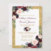 Burgundy Blue Floral Gold Glitter Wedding B Kaart (Voorkant)