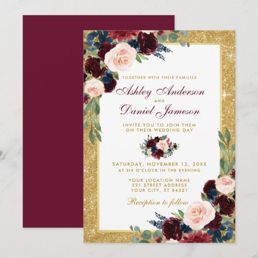 Burgundy Blue Floral Gold Glitter Wedding B Kaart (Voorkant / Achterkant)