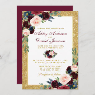 Burgundy Blue Floral Gold Glitter Wedding B Kaart