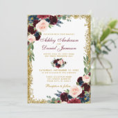 Burgundy Blue Floral Gold Glitter Wedding Kaart (Staand voorkant)