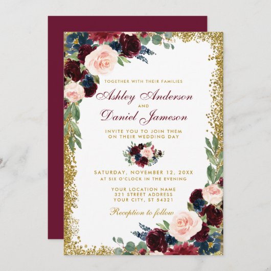 Burgundy Blue Floral Gold Glitter Wedding Kaart (Voorkant / Achterkant)