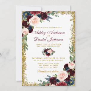 Burgundy Blue Floral Gold Glitter Wedding W Kaart