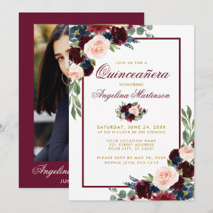 Burgundy Blue Floral Gold Quinceanera Foto Kaart