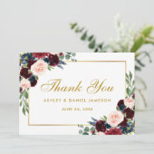 Burgundy Blue Floral Gold Wedding Bedankt B (Staand voorkant)