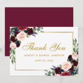 Burgundy Blue Floral Gold Wedding Bedankt B (Voorkant / Achterkant)