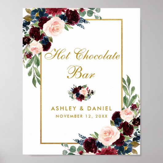 Burgundy Blue Floral Gold Wedding Hot Chocolate Poster (Voorkant)