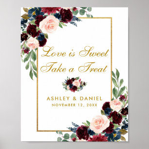 Burgundy Blue Floral Gold Wedding Treat Poster