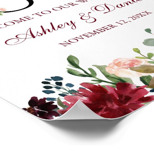 Burgundy Blue Floral Love Weddenschap Welkom Poster (Hoek)