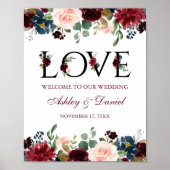 Burgundy Blue Floral Love Weddenschap Welkom Poster (Voorkant)