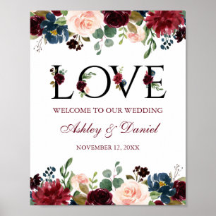 Burgundy Blue Floral Love Weddenschap Welkom Poster
