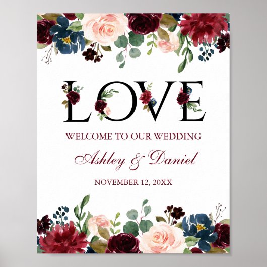 Burgundy Blue Floral Love Weddenschap Welkom Poster (Voorkant)