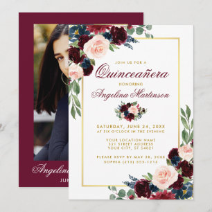 Burgundy Blue Floral Quinceanera Gold Photo Kaart