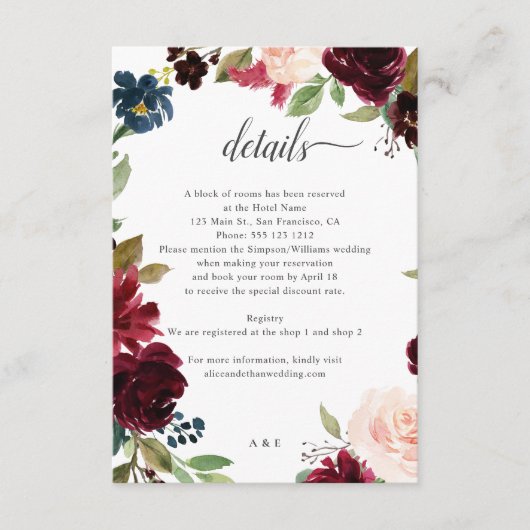 Burgundy Blue Floral Script Weddenschap Details Informatiekaartje (Voorkant)