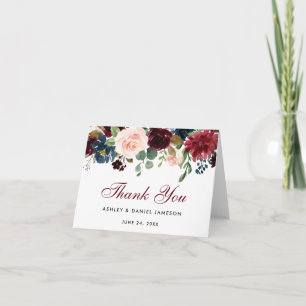 Burgundy Blue Floral Wedding Bedankt Note Kaart