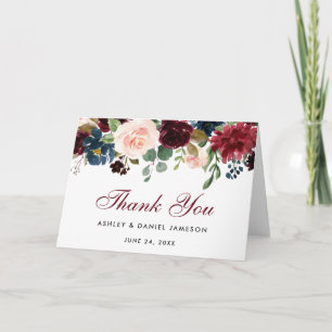 Burgundy Blue Floral Wedding Bedankt Vette Kaart