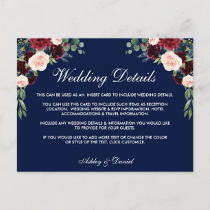 Burgundy Blue Floral Wedding Details Invoegen Kaar Briefkaart