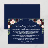 Burgundy Blue Floral Wedding Details Kaart invoege (Voorkant / Achterkant)