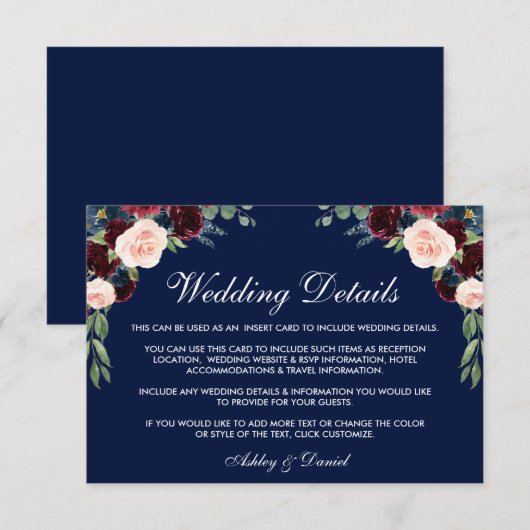 Burgundy Blue Floral Wedding Details Kaart invoege (Voorkant / Achterkant)