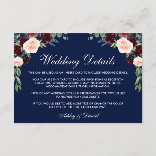 Burgundy Blue Floral Wedding Details Kaart invoege (Voorkant)