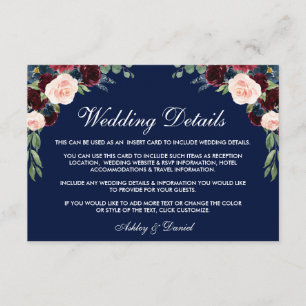Burgundy Blue Floral Wedding Details Kaart invoege